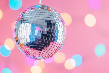 A vibrant disco ball reflecting colorful light patterns in a modern, minimalistic setting.