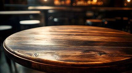 Obraz premium Rustic wooden round table surface in warm luxury style cafe. Blur bokeh background with copy space for place display product.