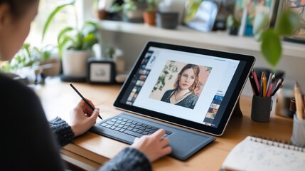A woman focusing on digital art creation in a cozy workspace filled with plants and personal touches during the afternoon