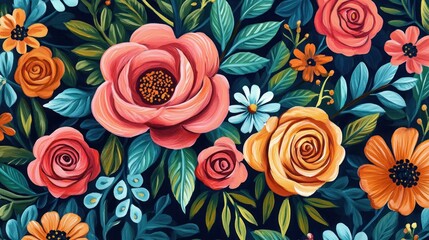 A seamless pattern with a dark background and various colorful roses and flowers.