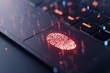 A fingerprint scanner illuminated in red on a laptop keyboard. Biometric authentication technology in use, representing modern security measures.