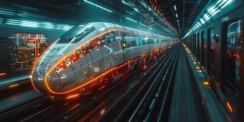 Fototapeta premium A sleek high-speed train, embodying modern transportation technology and efficiency, glides effortlessly along the tracks. This image captures the essence of advanced engineering and the rapid connect