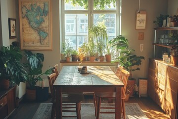 Fototapeta premium Stylish and botany interior of dining room with design craft wooden table, chairs, a lof of plants, window, poster map and elegant accessories in modern home decor, Generative AI