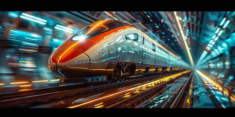 Fototapeta premium A sleek high-speed train, embodying modern transportation technology and efficiency, glides effortlessly along the tracks. This image captures the essence of advanced engineering and the rapid connect