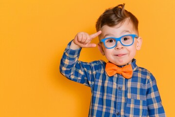 A happy young boy with blue glasses and an orange bowtie pointing towards his head, standing against a bright yellow background. He exudes playful confidence.