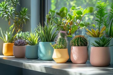 Fototapeta premium Stylish composition of home garden interior filled a lot of beautiful plants, cacti, succulents, air plant in different design pots. Home gardening concept Home jungle. Copy spcae, Generative AI