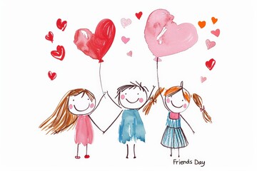 Two young girls holding heart-shaped balloons in a joyful celebration of friendship, standing in a garden of flowers. A charming and colorful representation of childhood and friendship.