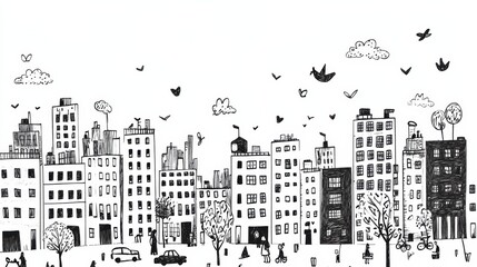 A colorful illustration captures a busy urban environment with doodled buildings, cars, and people, creating a lively city atmosphere. Generative AI