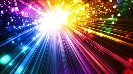 Rainbow light burst. Vivid rainbow light beams burst from a bright core with glowing particles.  Perfect for energy, power, and celebration themes.