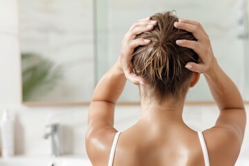 Naklejka premium A woman standing in a modern bathroom, holding her head while enjoying a relaxing shower. The image focuses on self-care, hair care, and personal well-being.