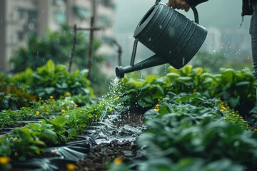 A woman watering plants in an urban rooftop garden, surrounded by vegetables and flowers in a thriving green environment.
