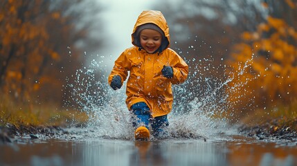 Fototapeta premium A young boy in a yellow raincoat runs through a puddle, laughing with joy as the water splashes around him.