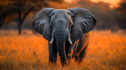 Obraz premium Majestic Elephant in Golden Grassland at Sunset