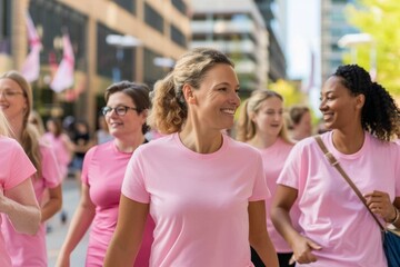Fototapeta premium A group of women in pink caps and shirts attentively listening during a breast cancer awareness walk, focused and determined to support the cause.