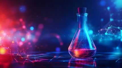 A Glass Flask Filled with Liquid, Illuminated with Vibrant Blue and Pink Lights