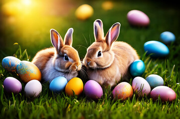 Osterhäschen zu Ostern mit bunten Eiern im Gras