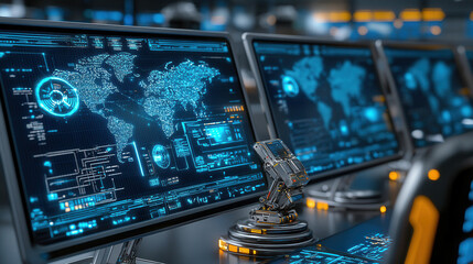 Fototapeta premium High tech control room with multiple screens displaying global data and analytics, showcasing advanced technology and futuristic design