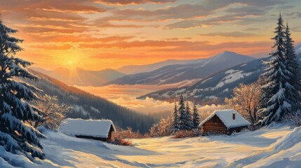 Fototapeta premium Breathtaking sunrise over snow-covered carpathian mountains in winter, illuminating frosted pine forests and rolling hills under a clear sky with golden morning light