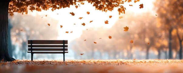 A tranquil autumn scene with a bench under a tree, leaves falling gently and soft golden light streaming through the trees