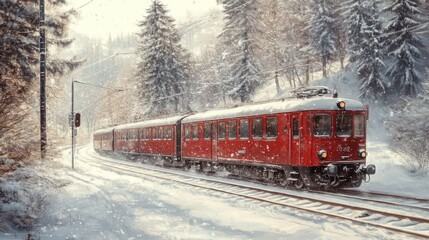 Scenic winter landscape with a classic red swiss train passing through snow-covered mountains and alpine forests, showcasing the beauty of swiss countryside during winter time with clear blue skies an