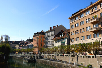 Picturesque historical buildings in central Ljubljana, capital of Slovenia. Autumnal foliage on the trees.
