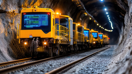 Obraz premium Modern mining trains operate in tunnel, showcasing advanced technology and infrastructure. scene highlights efficiency of underground transportation systems in mining operations
