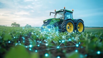 A modern tractor working on a field with digital connections, representing the fusion of agriculture and technology.