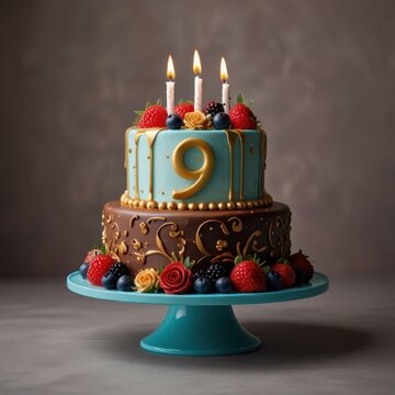 Two-tiered birthday cake with a number nine on top, decorated with berries, roses, and gold details.
