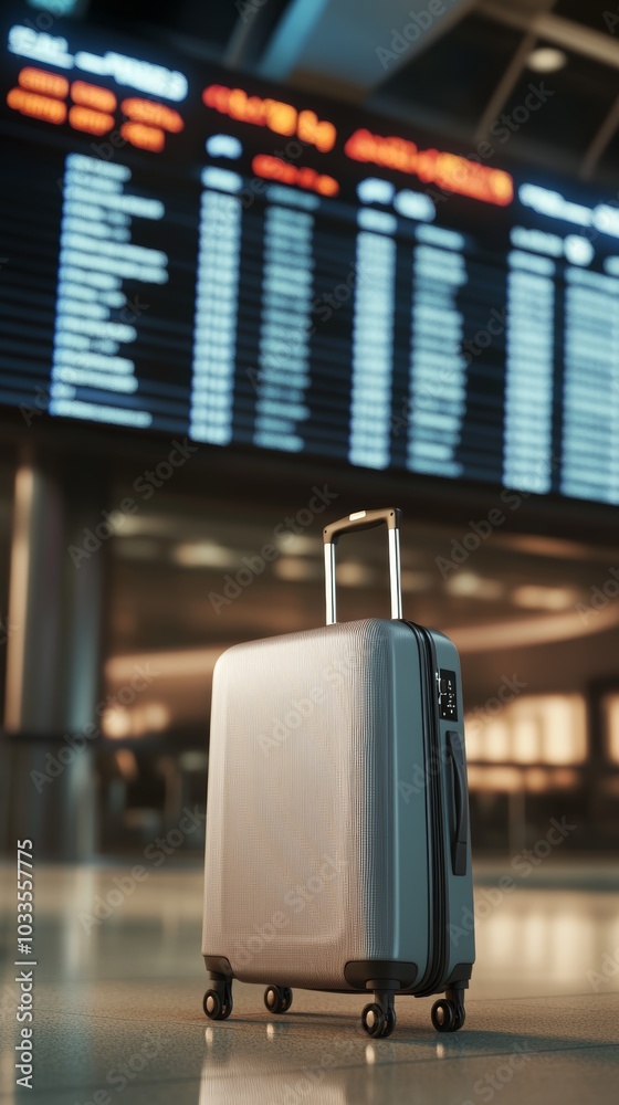 Poster Suitcase is standing in an airport terminal with a flight schedule display in the background, suggesting upcoming travel and adventure