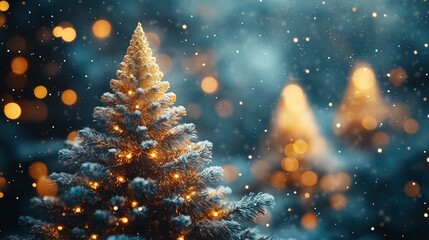 Obraz premium Christmas Trees with snow and lights against bokeh lights on dark blue and copy space