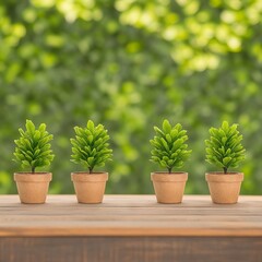 Fototapeta premium Four small green potted plants arranged on a wooden surface with a blurred background.