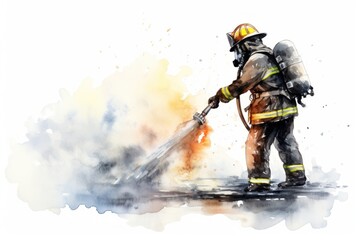 Firefighter spraying water firefighter white background extinguishing.