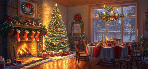 Fototapeta premium Cozy Family Christmas Scene with Decorated Tree, Twinkling Lights, Stockings by the Fireplace, and Beautifully Set Dinner Table in Warm Festive Lighting.
