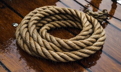 Thick rope on wet wooden deck.