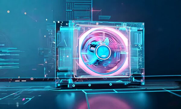 Dynamic hologram of a heat pump, modern HVAC systems against blue background with floating symbols such as smart home functions or energy metrics, automation, creating a futuristic, tech-driven scene.