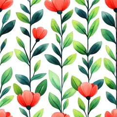 Minimalistic seamless pattern featuring red flowers and green leaves for design use