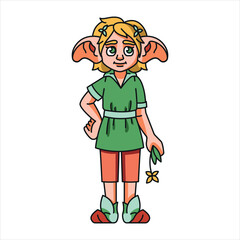 Cute fary tale character color line illustration. Pose and emotions of the forest elf.