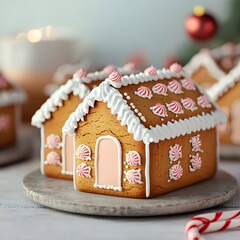 Festive gingerbread houses decorated for the holidays