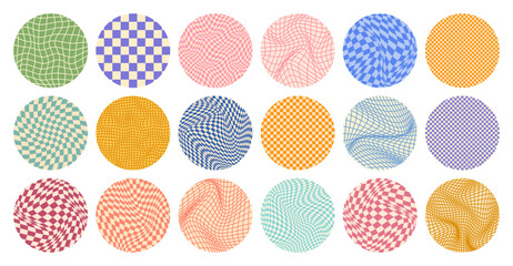 Groovy checkered pattern, round colorful tiled grid. Vintage wavy curved backdrop, distortion effect. Funky geometric chessboard texture, retro background in 90s style, y2k. Vector illustration