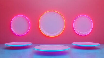 Neon-lit plates against a vibrant pink backdrop