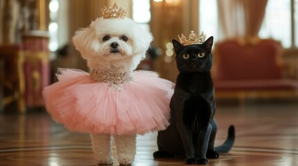 Dog and cat royalty. A white dog in a pink tutu and a black cat both wearing golden crowns. The image represents friendship and royalty.