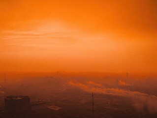 A dramatic sunset casts an orange glow over a city skyline, creating a moody atmosphere with hints of mist and distant structures.
