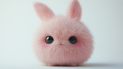 A fluffy pink bunny rabbit with big black eyes and pink cheeks, looking directly at the camera.