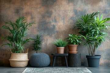 Warm composition of botanic living room interior with plants in flowerpotss, wooden stand, black stool, brown wall and personal accessories. Home decor, Generative AI