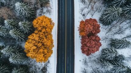 Stunning scenic road capture merging winter and autumn landscapes, showcasing snow-covered ground and vibrant fall foliage along a serene pathway, perfect for seasonal travel and nature photography th