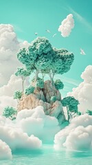 Mystical Cloud Island in Dreamy Turquoise Sky