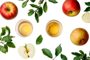 Fresh apples and apple juice on a white background. Top wiew. 