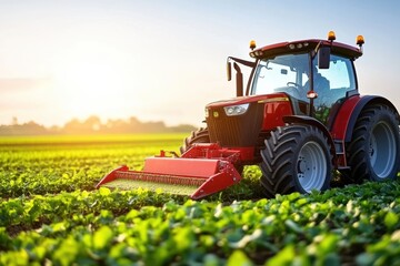 A vibrant red tractor working on a lush green field during sunset, symbolizing agriculture and rural life.