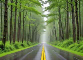 Obraz premium A scenic image of a straight road stretching through a dense forest with tall trees on both sides