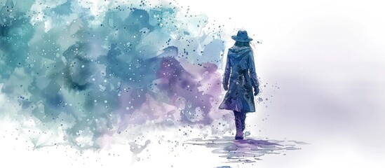 Obraz premium Lone silhouetted figure of a man walking through a mysterious snow covered forest shrouded in ethereal mist and fog creating a dreamy surreal and atmospheric landscape scene